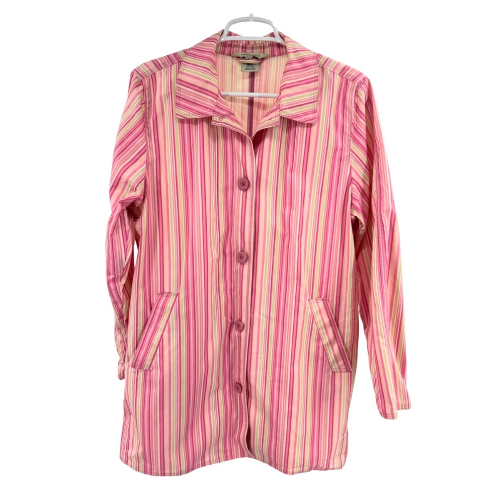 L.L. Bean Pink green Striped Women's Jacket shacket L 100% cotton chore coat